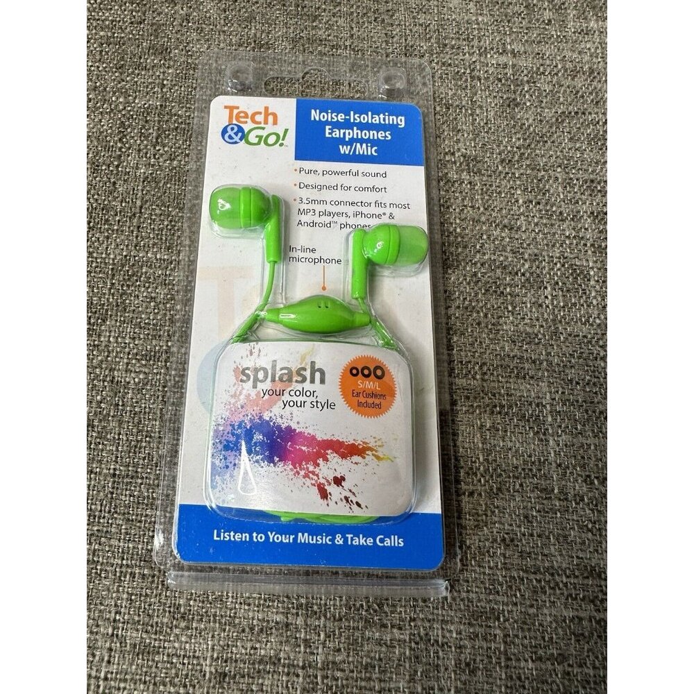 Tech & Go Noise Isolating Earphones with Mic Neon Green Powerful Sound 3.5mm